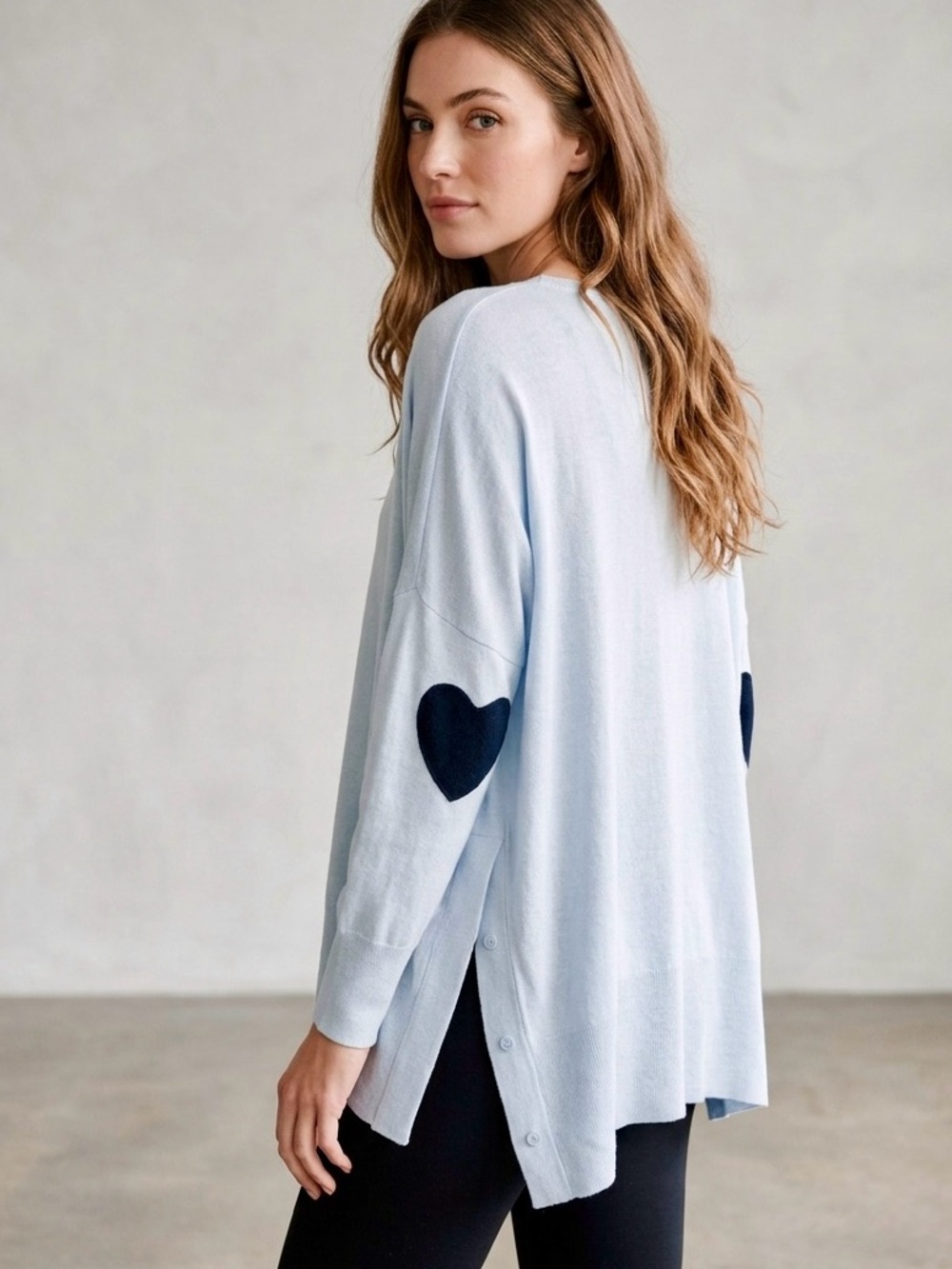 Mer Sea Amour Heart Patch Sweater Sky Blue/Navy One Size Fits Most Like New!